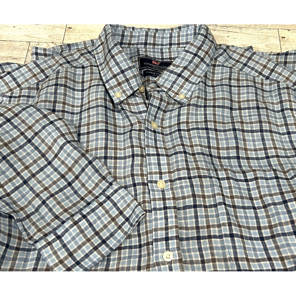 Vineyard Vines Men XL Linen Blue Plaid Long Sleeve Button Down Classic Fit Shirt